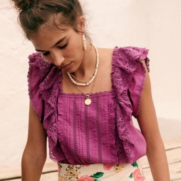 Sezane Lexy Blouse Size 38 French US 6 Square Neck Lace Frill Organic Cotton Top - Picture 2 of 15